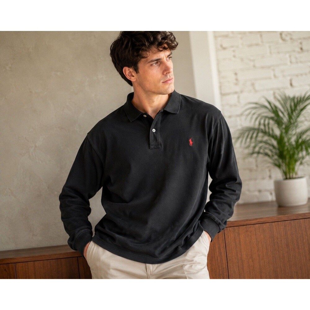 Polo by Ralph Lauren Men’s Black Polo Shirt 3XB 100% Cotton 2-Button Long Sleeve